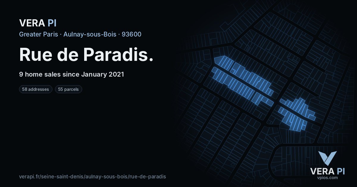 Rue de Paradis, Aulnay-sous-Bois at night – every parcel coloured by the prices around it, the street's own parcels lit