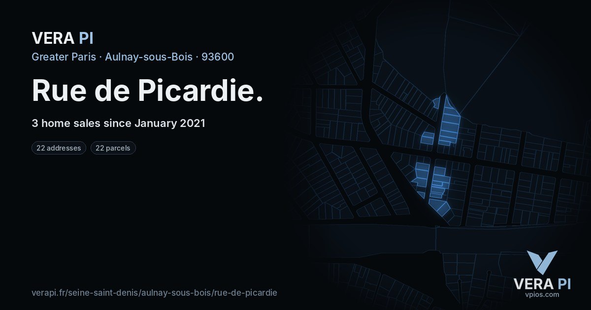 Rue de Picardie, Aulnay-sous-Bois at night – every parcel coloured by the prices around it, the street's own parcels lit
