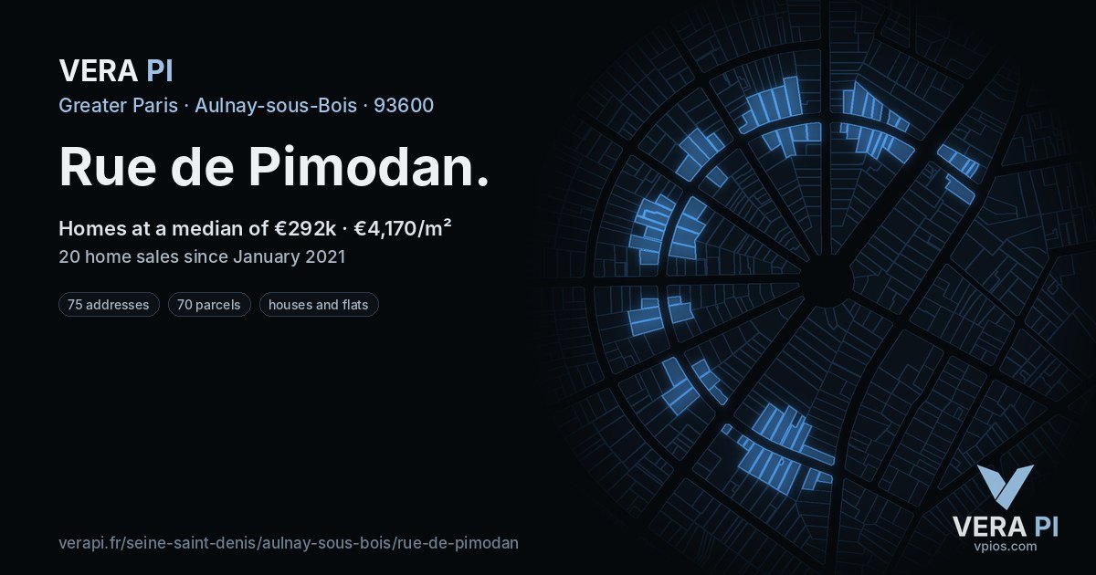 Rue de Pimodan, Aulnay-sous-Bois at night – every parcel coloured by the prices around it, the street's own parcels lit