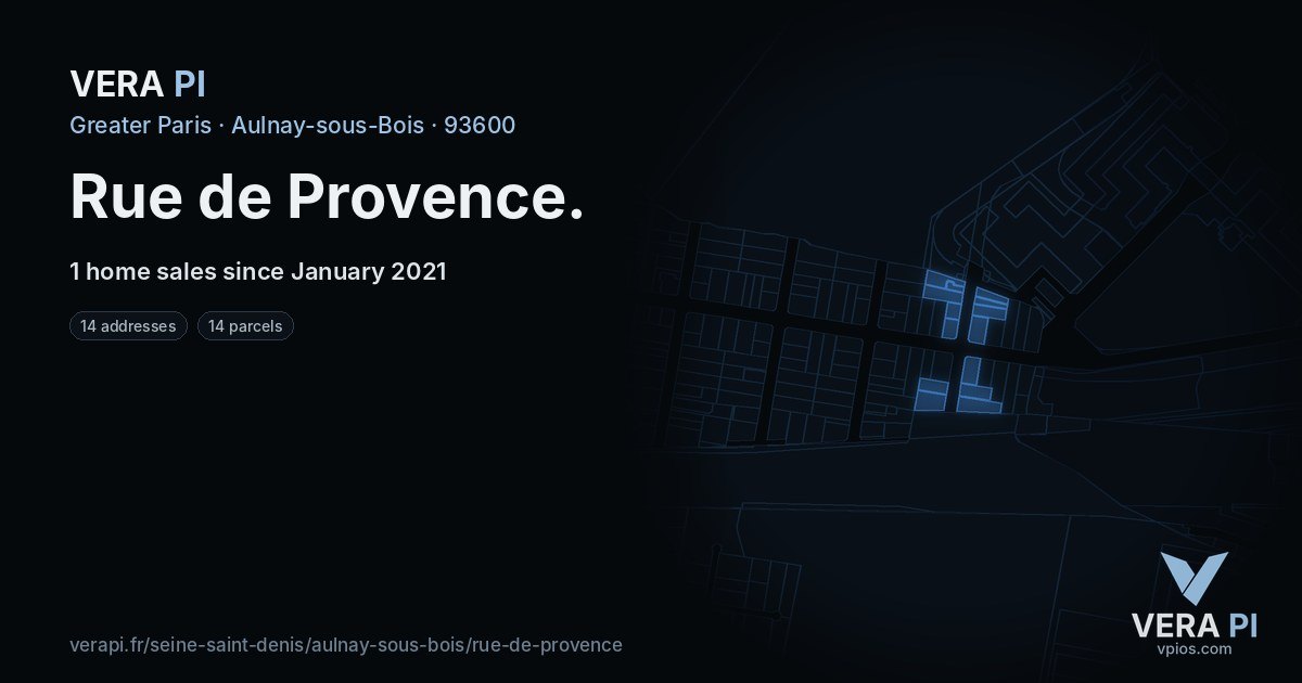 Rue de Provence, Aulnay-sous-Bois at night – every parcel coloured by the prices around it, the street's own parcels lit