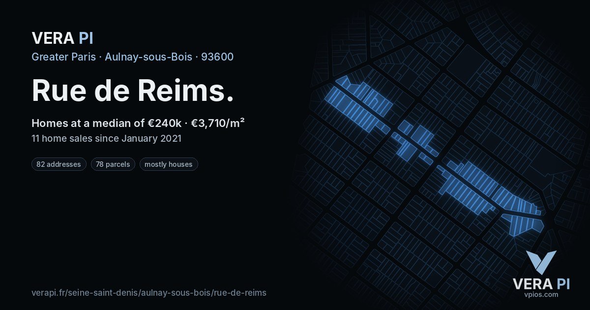 Rue de Reims, Aulnay-sous-Bois at night – every parcel coloured by the prices around it, the street's own parcels lit