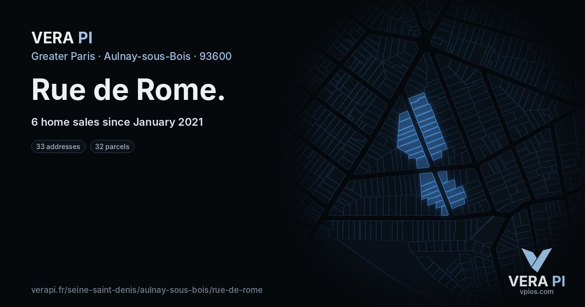 Rue de Rome, Aulnay-sous-Bois at night – every parcel coloured by the prices around it, the street's own parcels lit