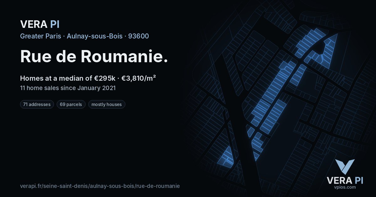 Rue de Roumanie, Aulnay-sous-Bois at night – every parcel coloured by the prices around it, the street's own parcels lit