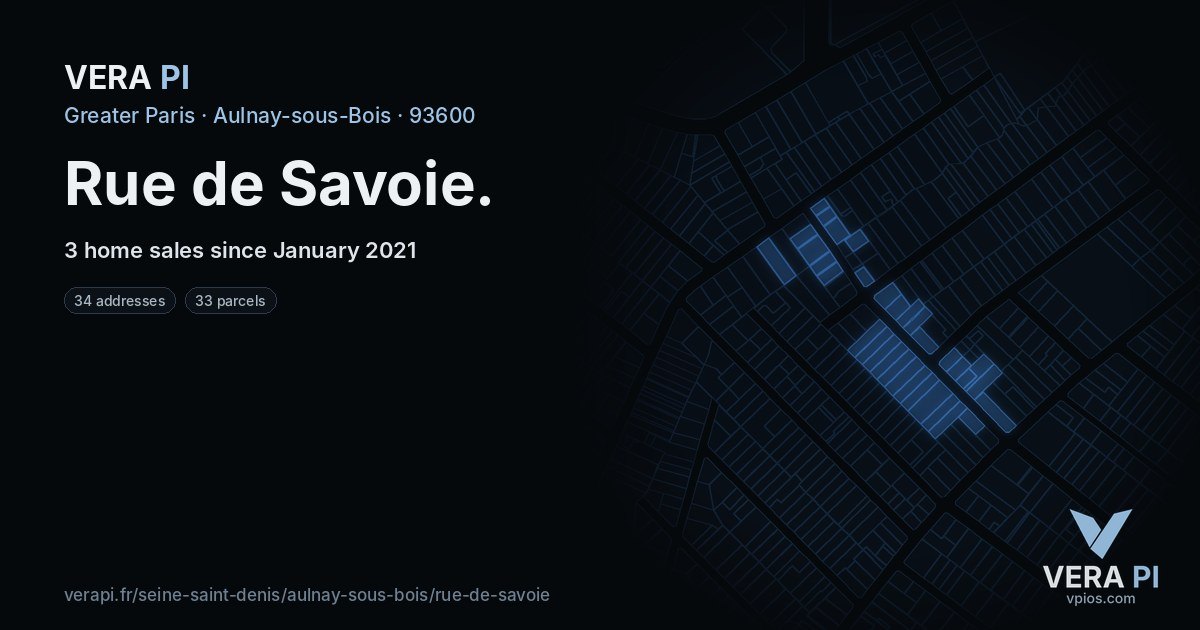 Rue de Savoie, Aulnay-sous-Bois at night – every parcel coloured by the prices around it, the street's own parcels lit