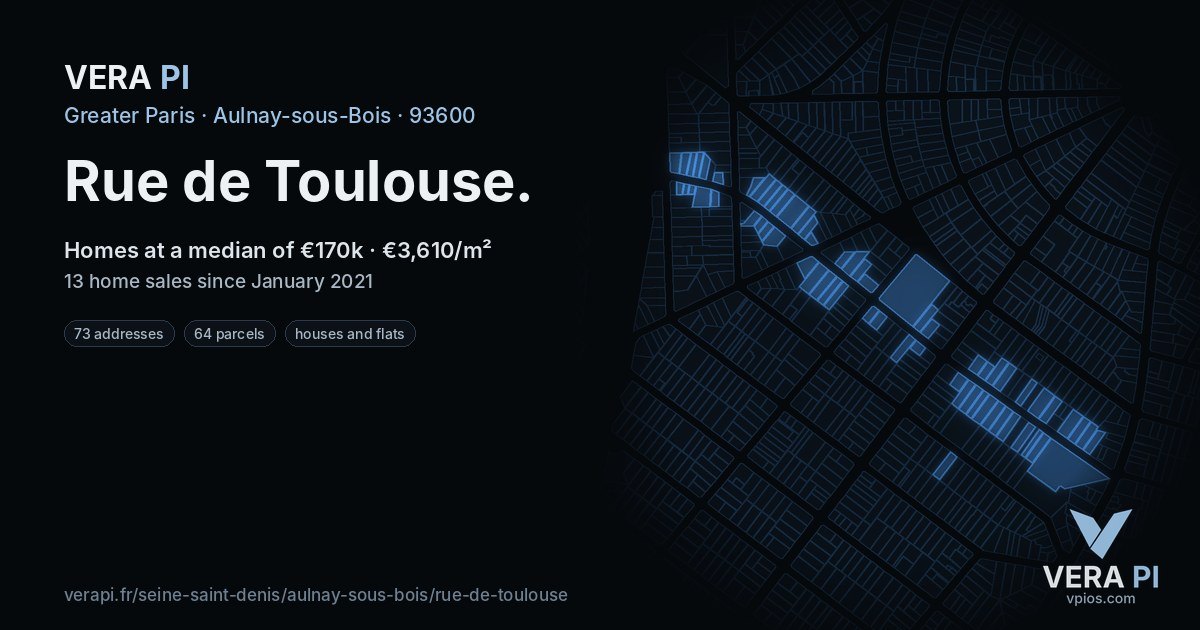 Rue de Toulouse, Aulnay-sous-Bois at night – every parcel coloured by the prices around it, the street's own parcels lit