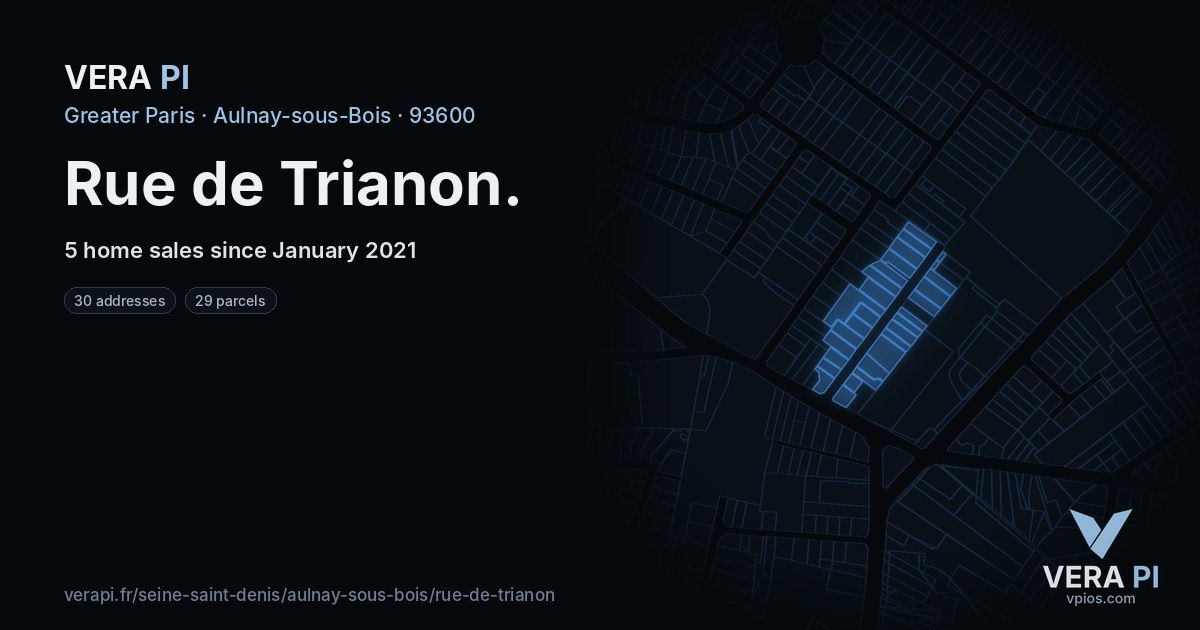 Rue de Trianon, Aulnay-sous-Bois at night – every parcel coloured by the prices around it, the street's own parcels lit