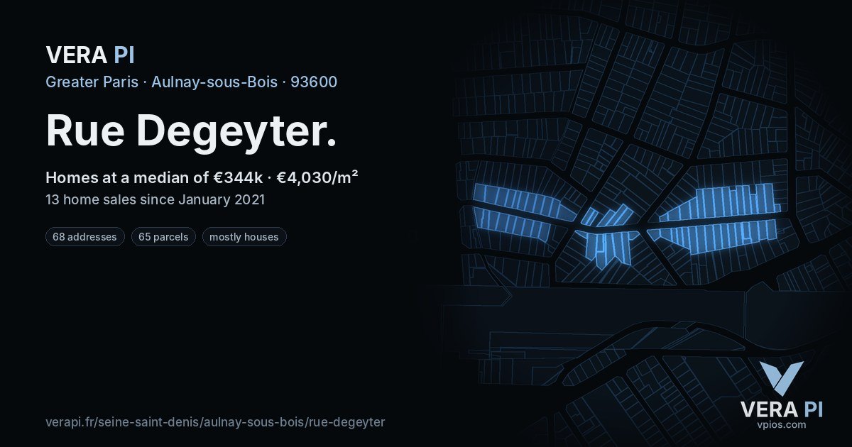 Rue Degeyter, Aulnay-sous-Bois at night – every parcel coloured by the prices around it, the street's own parcels lit