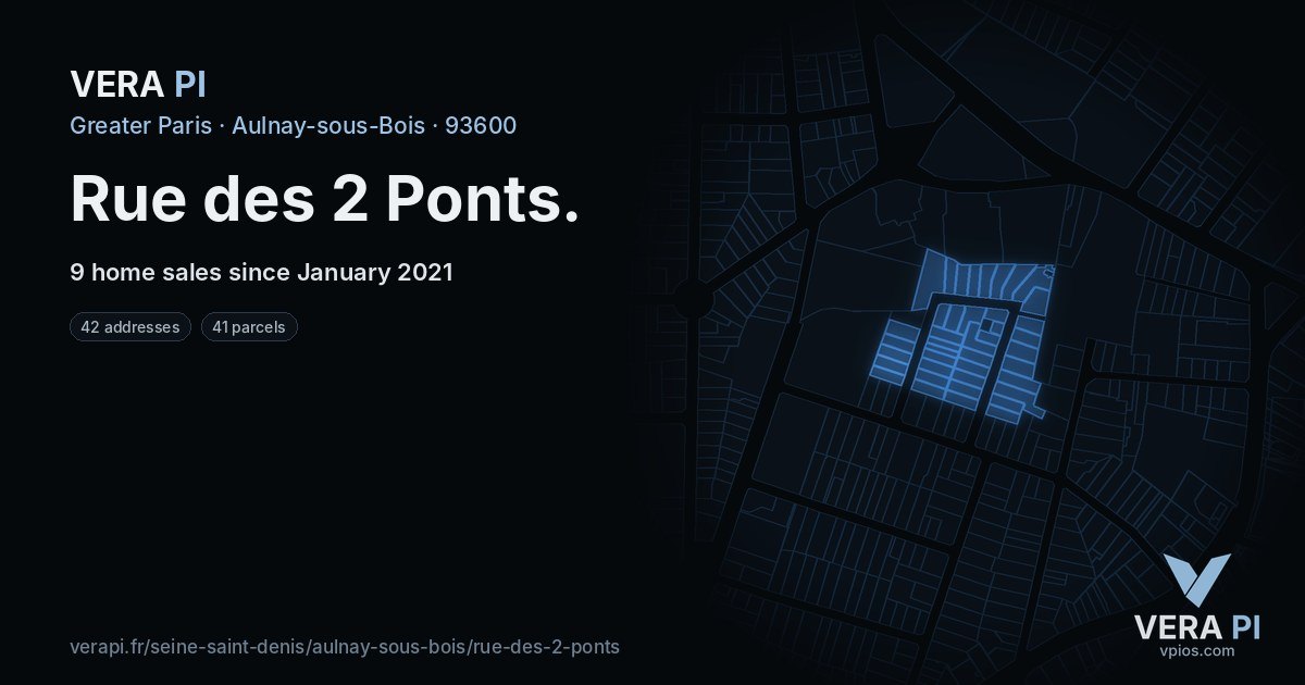 Rue des 2 Ponts, Aulnay-sous-Bois at night – every parcel coloured by the prices around it, the street's own parcels lit