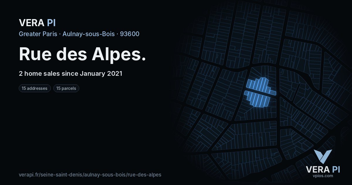 Rue des Alpes, Aulnay-sous-Bois at night – every parcel coloured by the prices around it, the street's own parcels lit