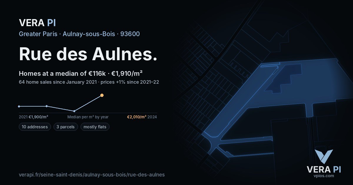 Rue des Aulnes, Aulnay-sous-Bois at night – every parcel coloured by the prices around it, the street's own parcels lit