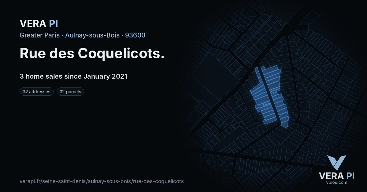 Rue des Coquelicots, Aulnay-sous-Bois at night – every parcel coloured by the prices around it, the street's own parcels lit