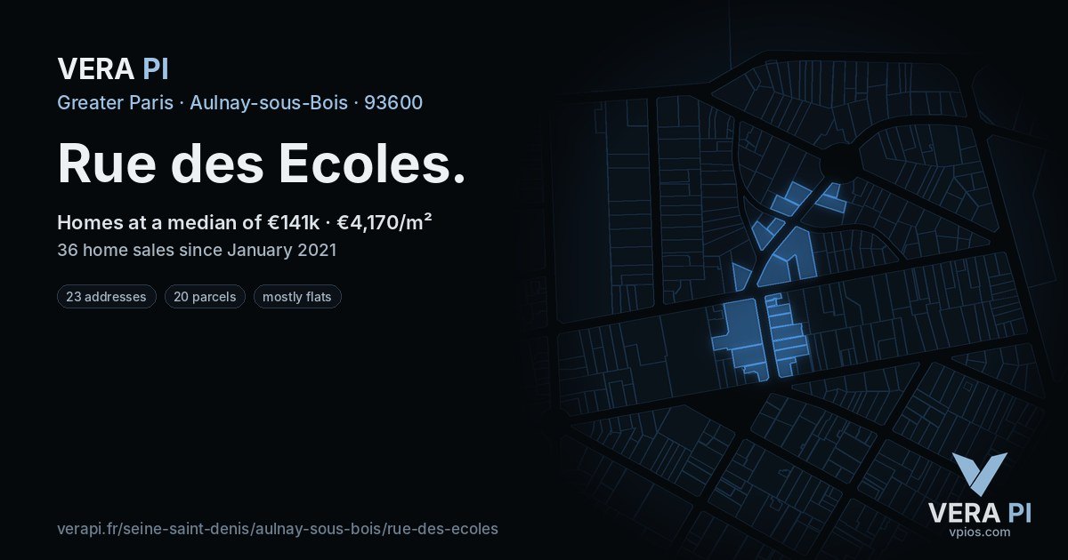Rue des Ecoles, Aulnay-sous-Bois at night – every parcel coloured by the prices around it, the street's own parcels lit