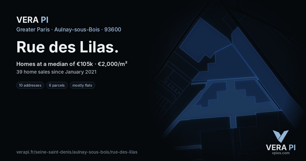 Rue des Lilas, Aulnay-sous-Bois at night – every parcel coloured by the prices around it, the street's own parcels lit