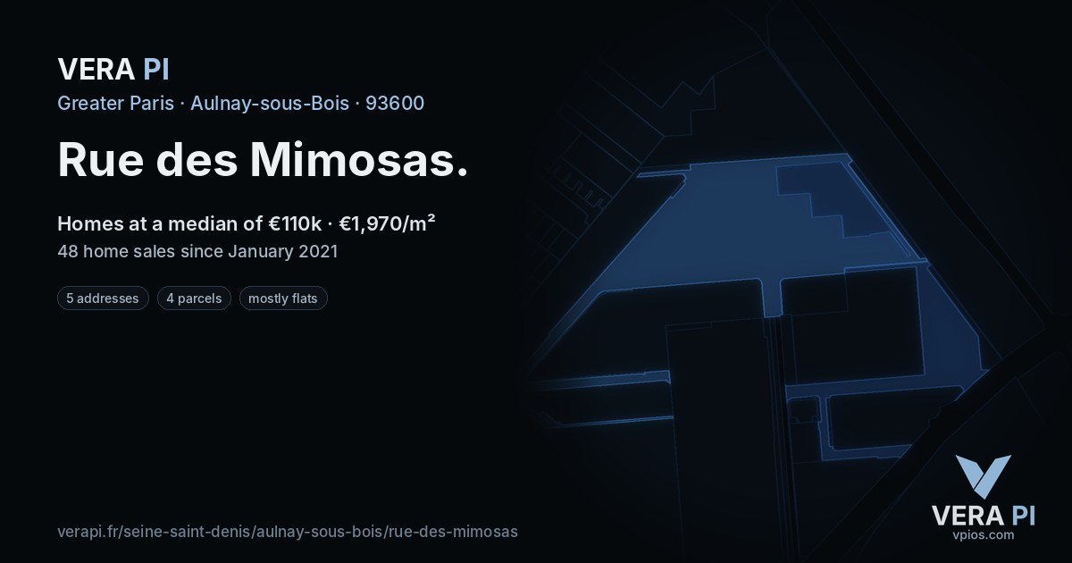 Rue des Mimosas, Aulnay-sous-Bois at night – every parcel coloured by the prices around it, the street's own parcels lit