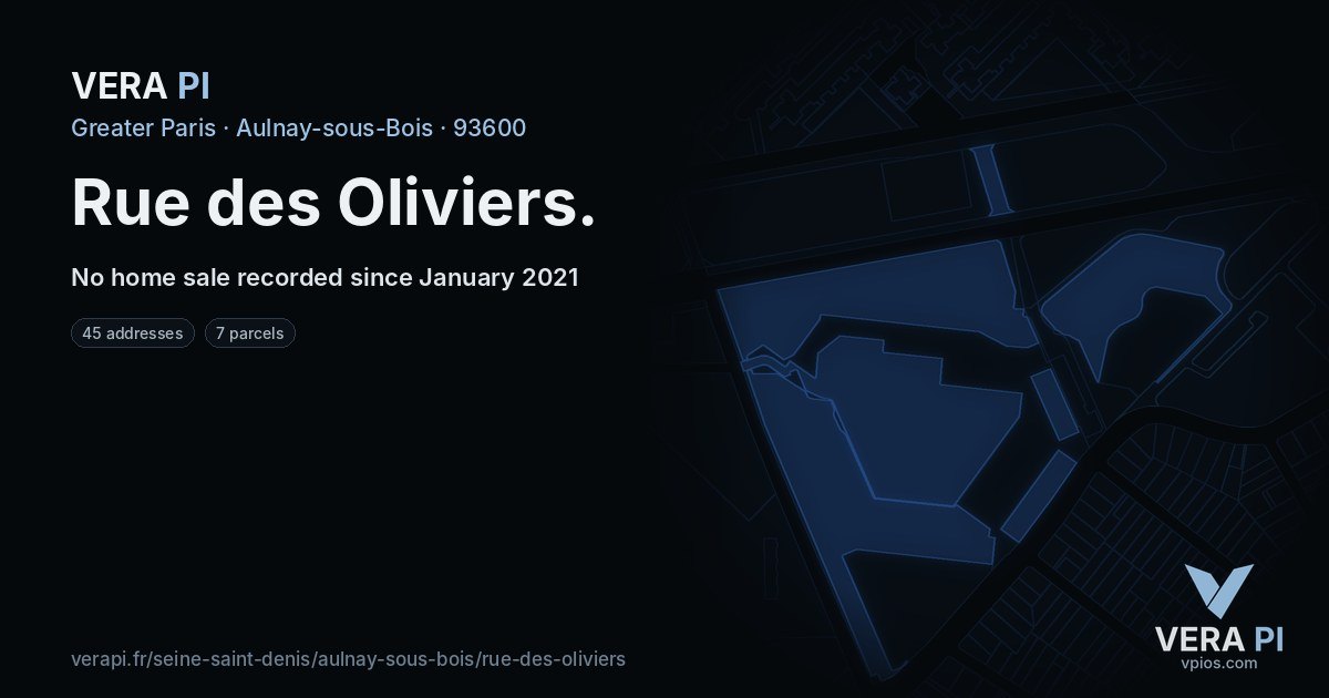 Rue des Oliviers, Aulnay-sous-Bois at night – every parcel coloured by the prices around it, the street's own parcels lit