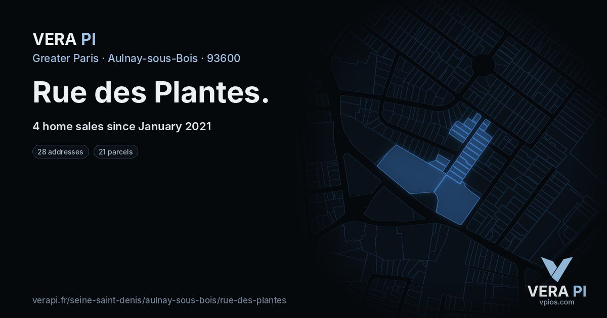 Rue des Plantes, Aulnay-sous-Bois at night – every parcel coloured by the prices around it, the street's own parcels lit