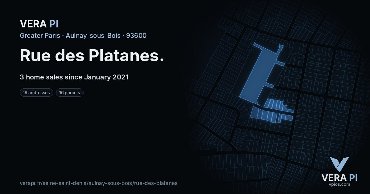 Rue des Platanes, Aulnay-sous-Bois at night – every parcel coloured by the prices around it, the street's own parcels lit