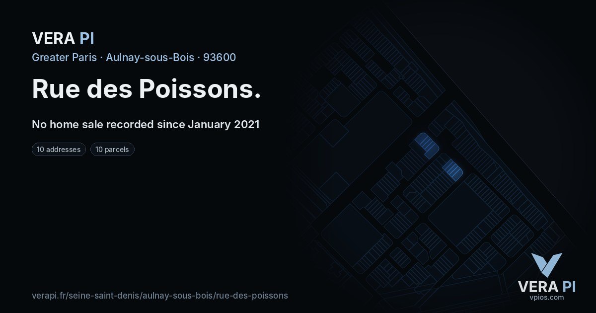 Rue des Poissons, Aulnay-sous-Bois at night – every parcel coloured by the prices around it, the street's own parcels lit