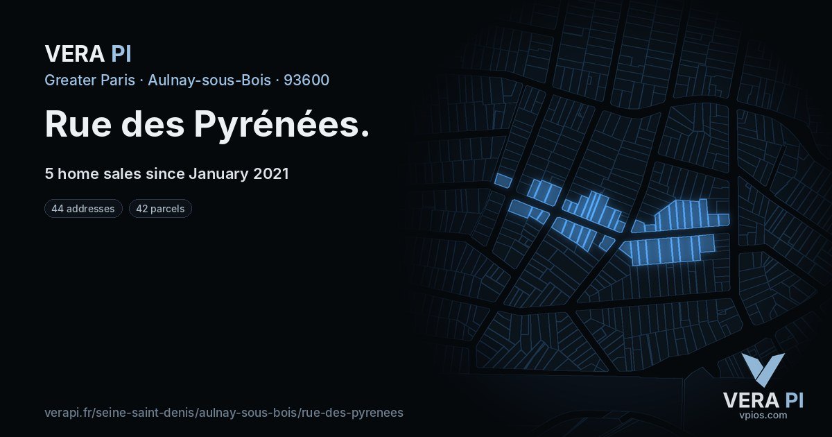 Rue des Pyrénées, Aulnay-sous-Bois at night – every parcel coloured by the prices around it, the street's own parcels lit