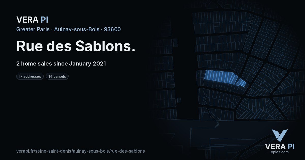 Rue des Sablons, Aulnay-sous-Bois at night – every parcel coloured by the prices around it, the street's own parcels lit