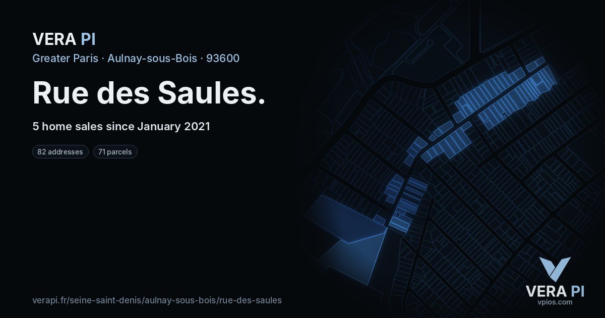 Rue des Saules, Aulnay-sous-Bois at night – every parcel coloured by the prices around it, the street's own parcels lit