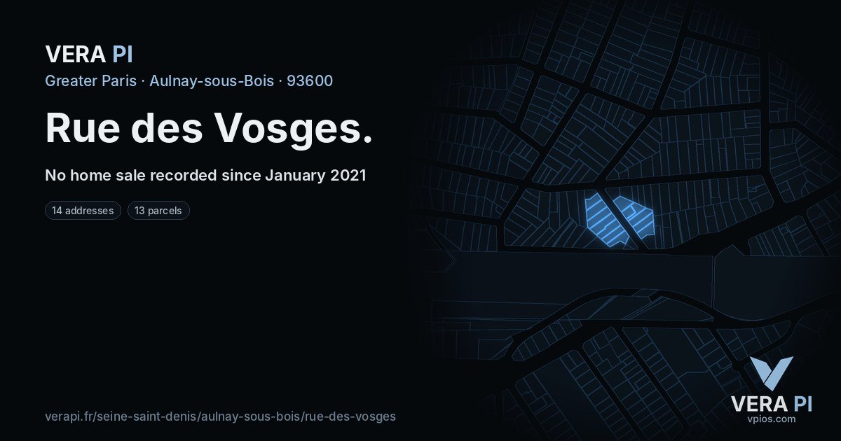 Rue des Vosges, Aulnay-sous-Bois at night – every parcel coloured by the prices around it, the street's own parcels lit