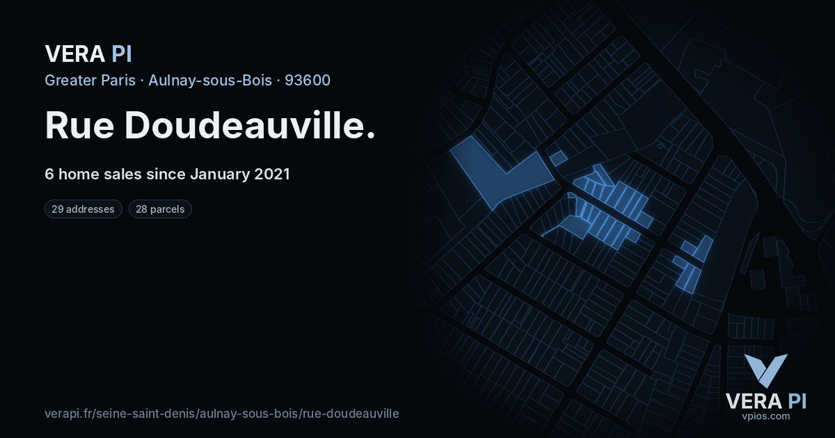 Rue Doudeauville, Aulnay-sous-Bois at night – every parcel coloured by the prices around it, the street's own parcels lit