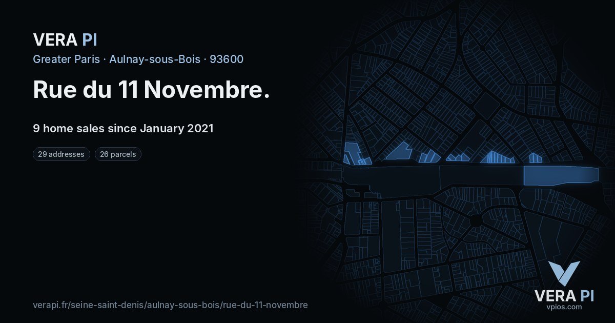 Rue du 11 Novembre, Aulnay-sous-Bois at night – every parcel coloured by the prices around it, the street's own parcels lit