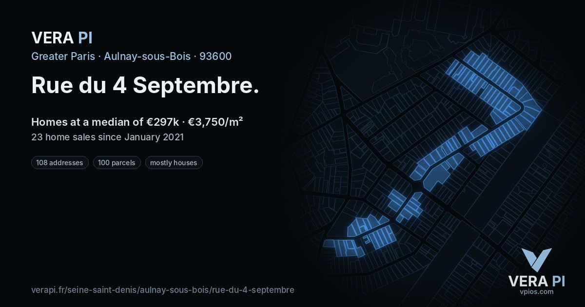 Rue du 4 Septembre, Aulnay-sous-Bois at night – every parcel coloured by the prices around it, the street's own parcels lit
