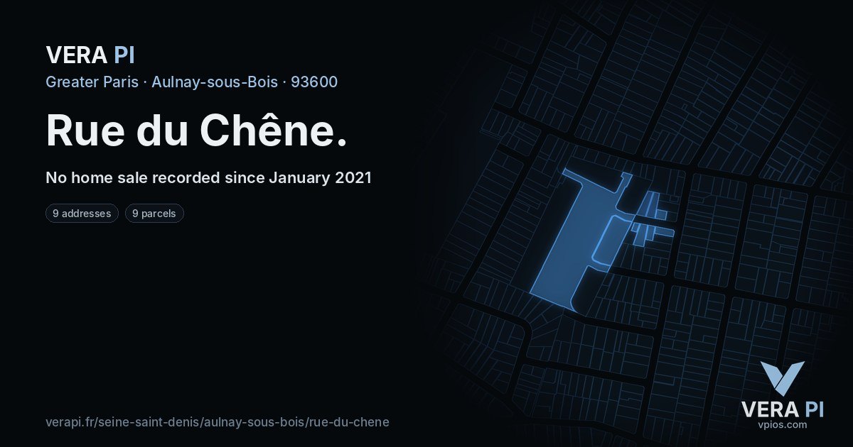 Rue du Chêne, Aulnay-sous-Bois at night – every parcel coloured by the prices around it, the street's own parcels lit
