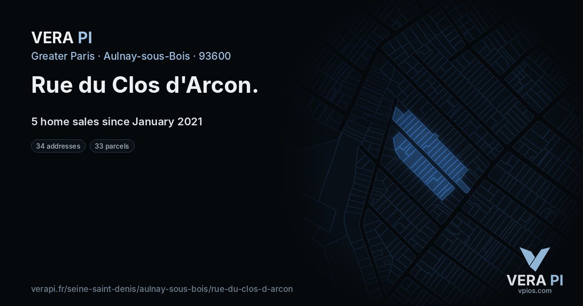 Rue du Clos d'Arcon, Aulnay-sous-Bois at night – every parcel coloured by the prices around it, the street's own parcels lit