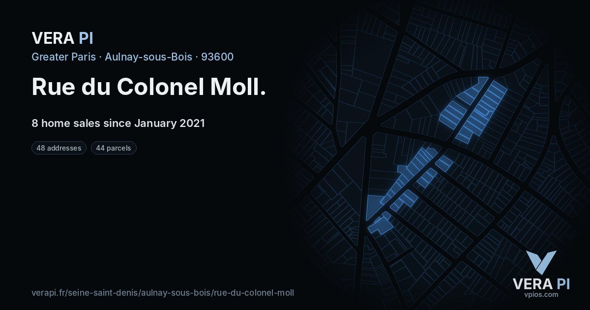 Rue du Colonel Moll, Aulnay-sous-Bois at night – every parcel coloured by the prices around it, the street's own parcels lit