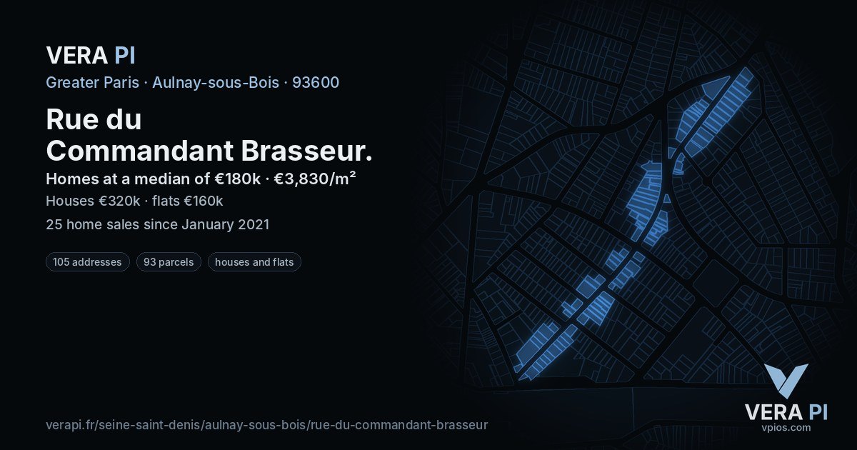 Rue du Commandant Brasseur, Aulnay-sous-Bois at night – every parcel coloured by the prices around it, the street's own parcels lit