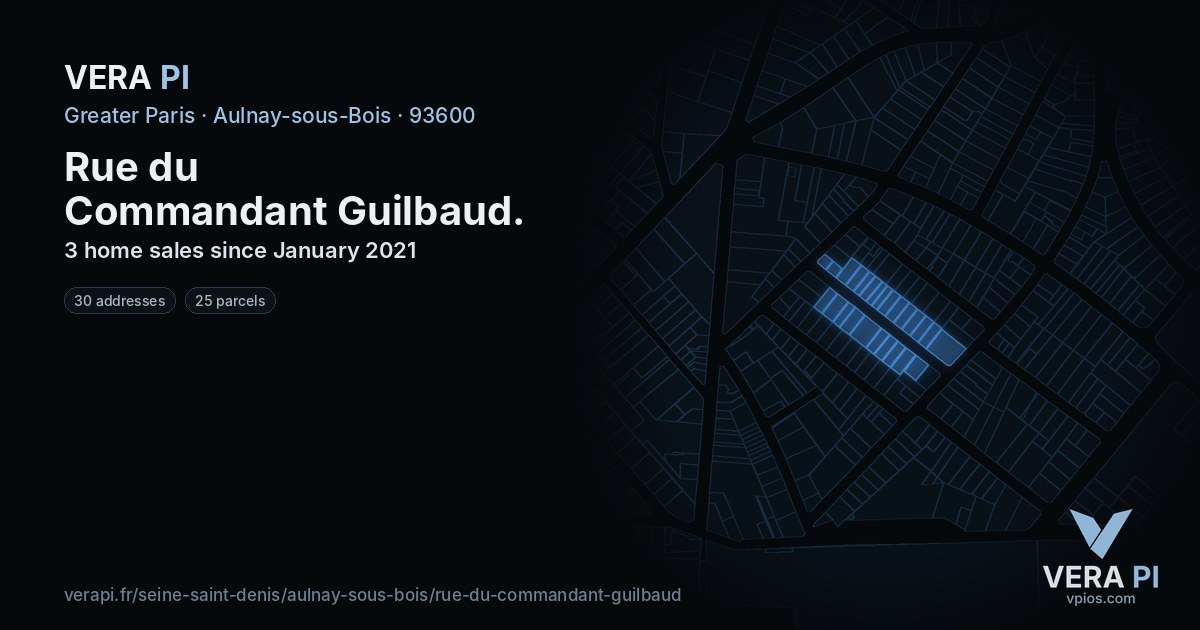 Rue du Commandant Guilbaud, Aulnay-sous-Bois at night – every parcel coloured by the prices around it, the street's own parcels lit