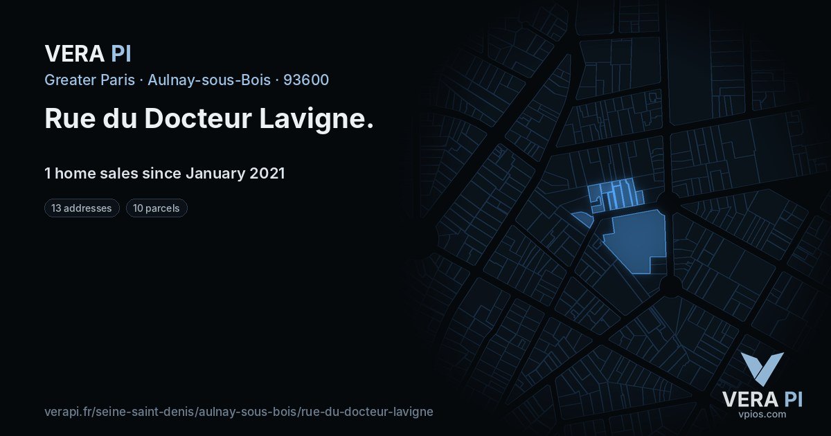 Rue du Docteur Lavigne, Aulnay-sous-Bois at night – every parcel coloured by the prices around it, the street's own parcels lit