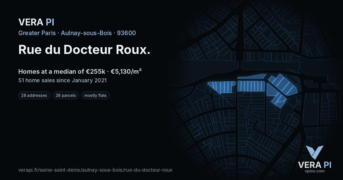 Rue du Docteur Roux, Aulnay-sous-Bois at night – every parcel coloured by the prices around it, the street's own parcels lit