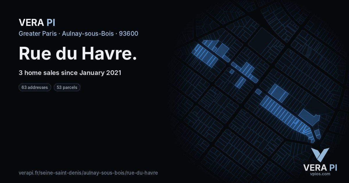 Rue du Havre, Aulnay-sous-Bois at night – every parcel coloured by the prices around it, the street's own parcels lit