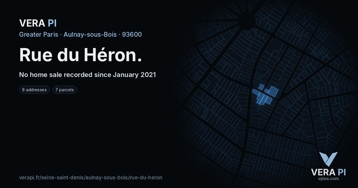 Rue du Héron, Aulnay-sous-Bois at night – every parcel coloured by the prices around it, the street's own parcels lit