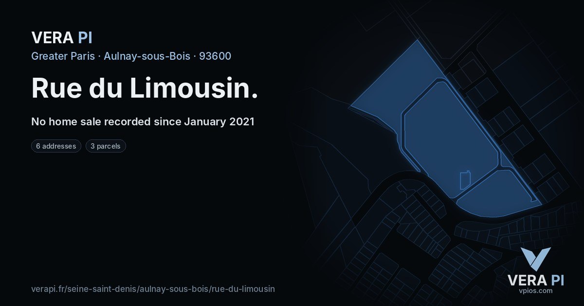 Rue du Limousin, Aulnay-sous-Bois at night – every parcel coloured by the prices around it, the street's own parcels lit