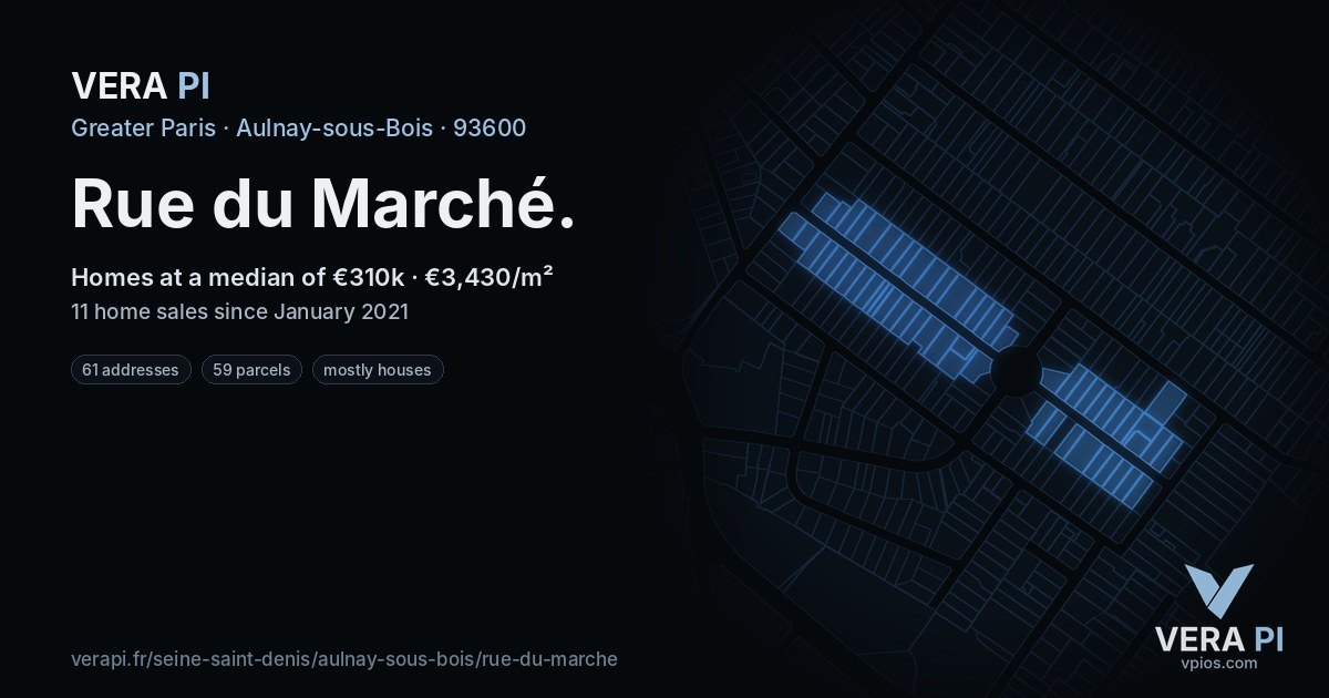 Rue du Marché, Aulnay-sous-Bois at night – every parcel coloured by the prices around it, the street's own parcels lit