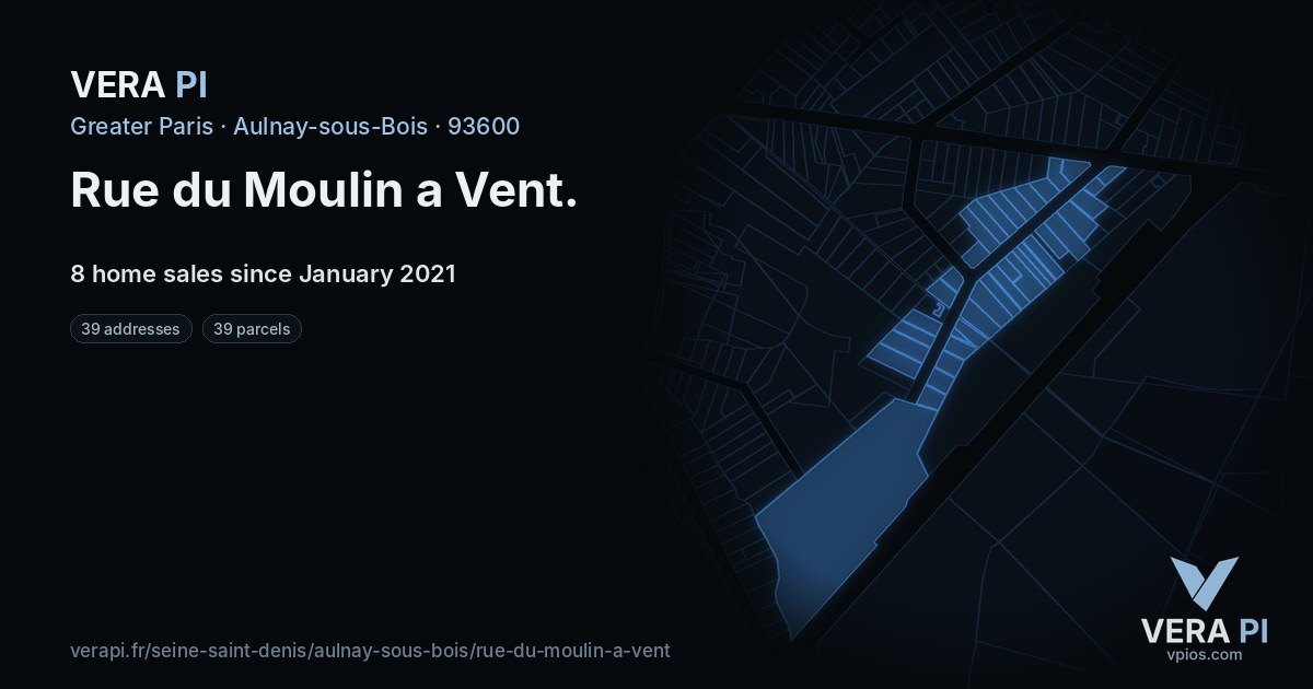 Rue du Moulin a Vent, Aulnay-sous-Bois at night – every parcel coloured by the prices around it, the street's own parcels lit