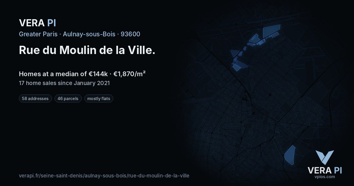 Rue du Moulin de la Ville, Aulnay-sous-Bois at night – every parcel coloured by the prices around it, the street's own parcels lit