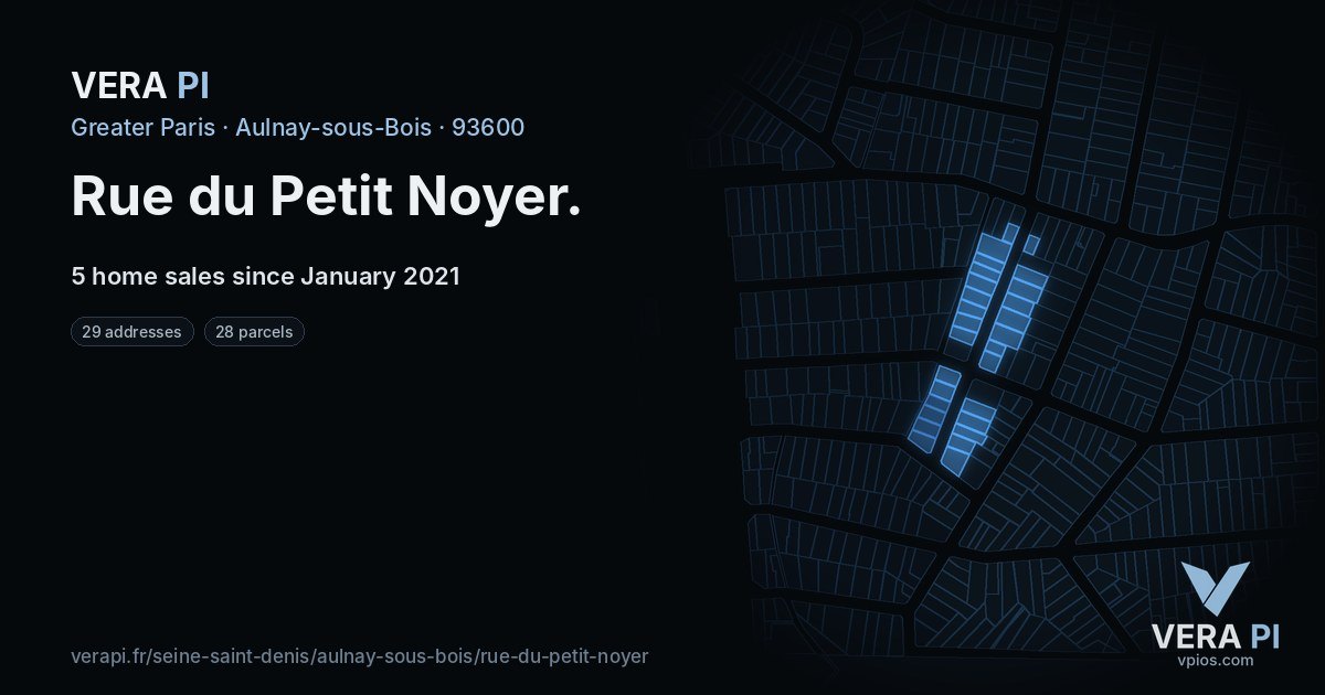 Rue du Petit Noyer, Aulnay-sous-Bois at night – every parcel coloured by the prices around it, the street's own parcels lit