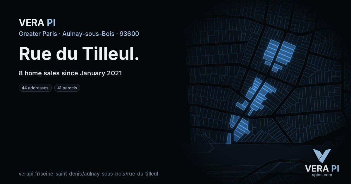 Rue du Tilleul, Aulnay-sous-Bois at night – every parcel coloured by the prices around it, the street's own parcels lit