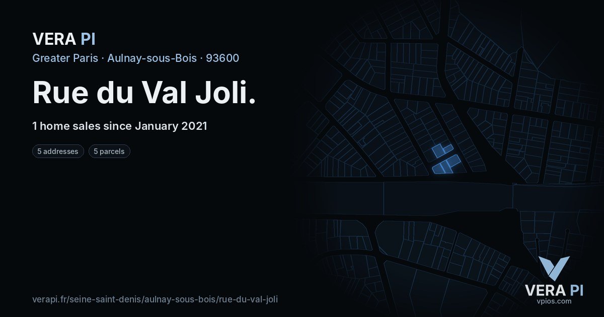 Rue du Val Joli, Aulnay-sous-Bois at night – every parcel coloured by the prices around it, the street's own parcels lit