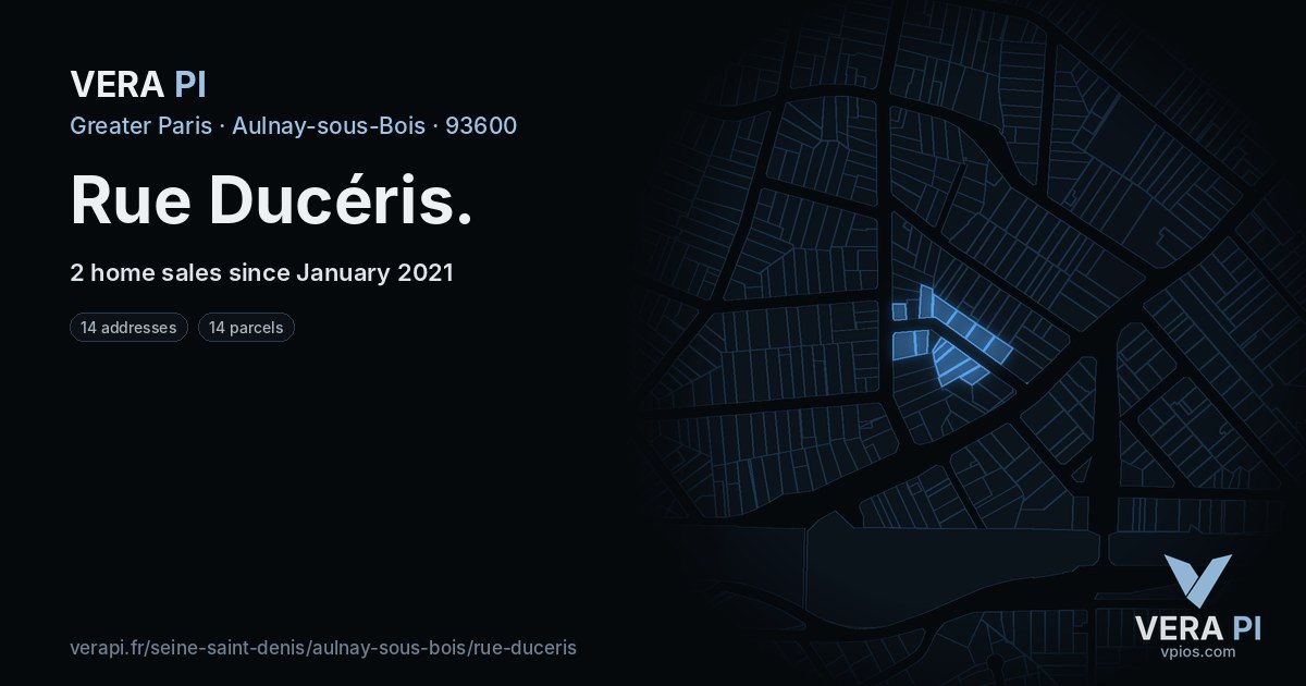 Rue Ducéris, Aulnay-sous-Bois at night – every parcel coloured by the prices around it, the street's own parcels lit