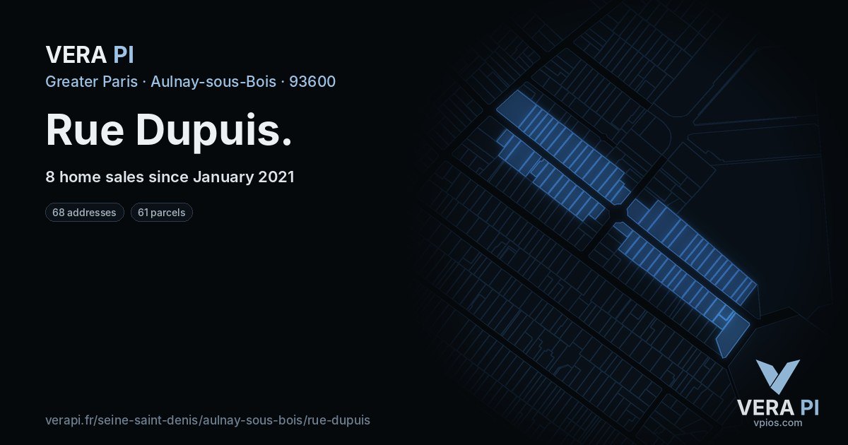 Rue Dupuis, Aulnay-sous-Bois at night – every parcel coloured by the prices around it, the street's own parcels lit