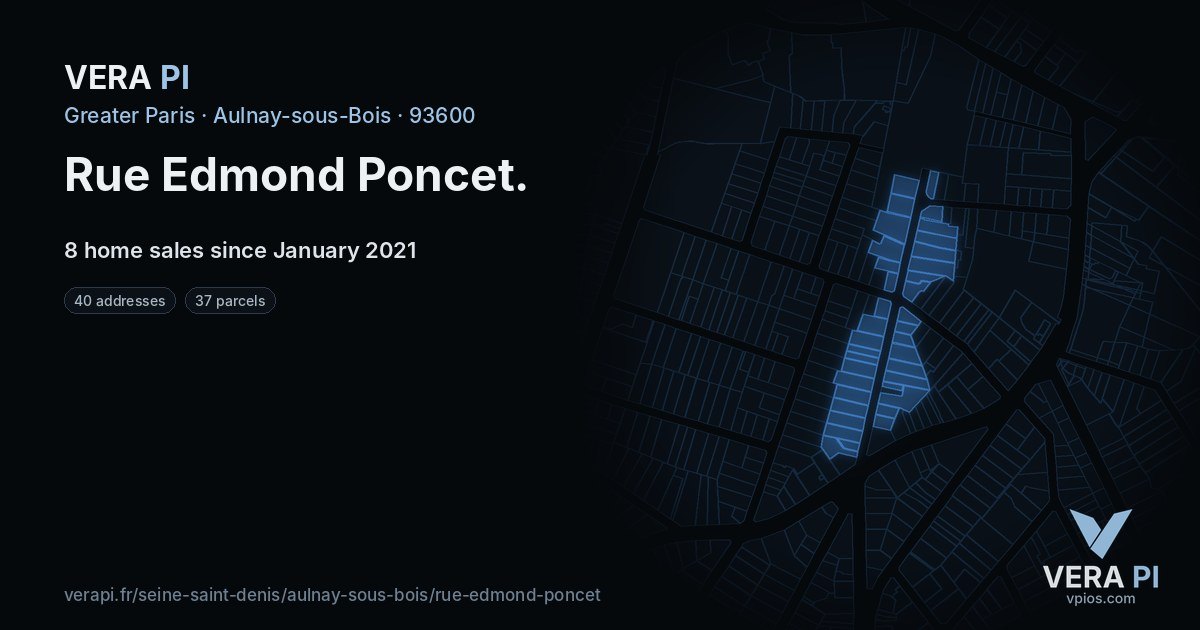 Rue Edmond Poncet, Aulnay-sous-Bois at night – every parcel coloured by the prices around it, the street's own parcels lit