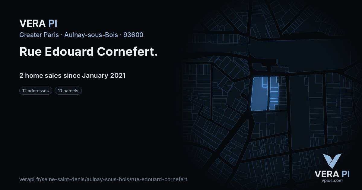 Rue Edouard Cornefert, Aulnay-sous-Bois at night – every parcel coloured by the prices around it, the street's own parcels lit