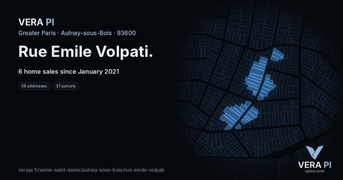 Rue Emile Volpati, Aulnay-sous-Bois at night – every parcel coloured by the prices around it, the street's own parcels lit